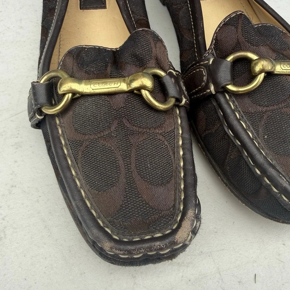 Coach Womens Loafers Chocolate Brown Signature Logo Gold Hamptons Hardware 8.5